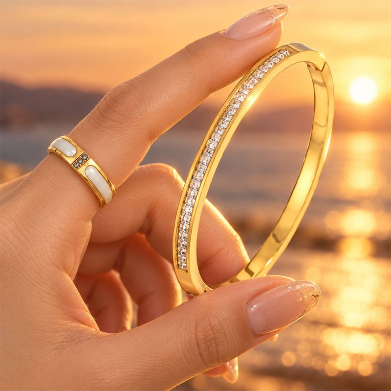 Women's 2pc Grooved Hand Bracelet and Ring Set